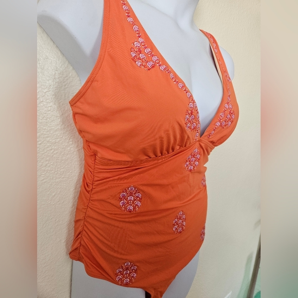 Sundance - Women's XL Orange One-Piece Swimsuit with Pink Floral Embroidery - Picture 4 of 11